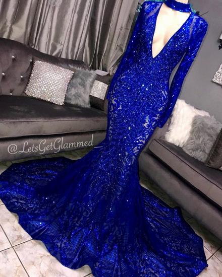 Glamorous Mermaid Long Sleeves Deep V-neck Lace Applique Prom Dresses_2
