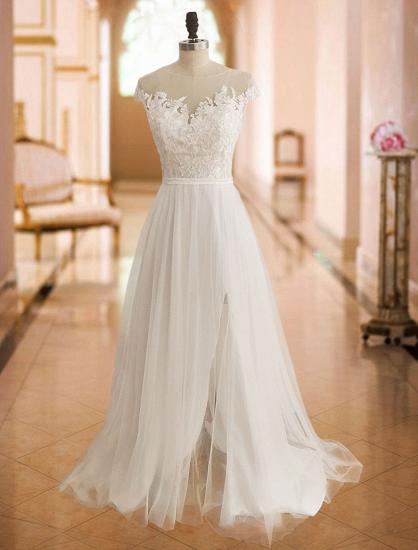 Off The Shoulder Tulle White Lace Split A-Line Wedding Dresses_3
