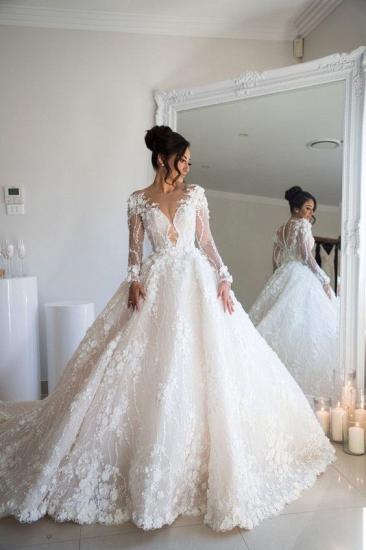 Exquisite Long Sleeve Appliques Sheer Tulle A-line Bridal Gowns_1