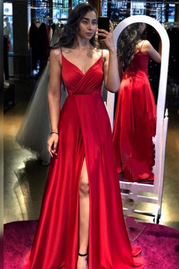 Red Spaghetti Straps Aline Evening Dress with side Split