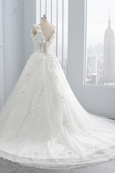 TsClothzone Glamouröses Tüll-Hochzeitskleid mit V-Ausschnitt und Blumenapplikationen, ärmellose Perlenstickerei, Brautkleider Online_5