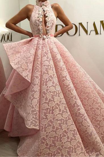 High Neck Pink Celebrity Gowns Long Asymmetrical Prom Gowns_1