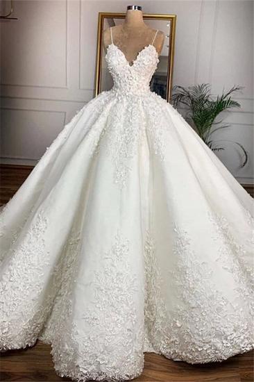 Gorgeous V-Neck Lace Appliques Spaghetti Ball Gown Wedding Dress_1