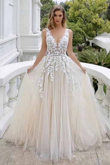 Beautiful A line V neck Tulle Sleeveless Wedding dress with lace_1