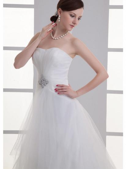 Boho A-Line Wedding Dress Sweetheart Lace Satin Strapless Bridal Gowns with Chapel Train_4