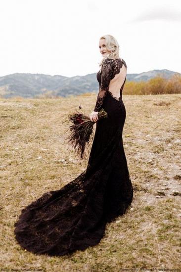 Black Long Sleeves Mermaid Wedding Gown Backless Lace Bridal Dress_1