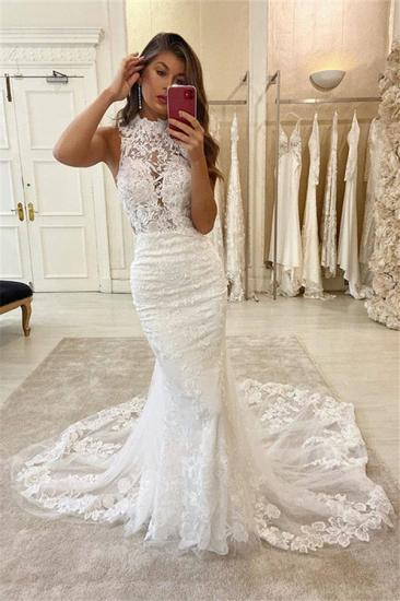 Glamorous Halter Lace Appliques Sleeveless Mermaid Wedding Bridal Gowns_2
