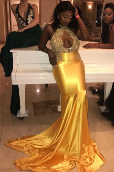 Halter Open Back Sexy Keyhole Prom Dresses Gold | Mermaid Sleeveless Beads Appliques Evening Gown_1