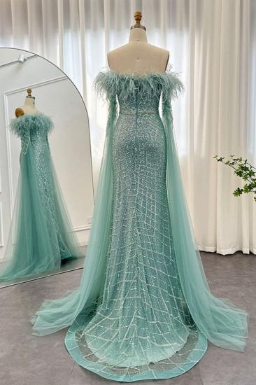 Glamouröse glitzernde Meerjungfrau-Abendkleider, langes Partykleid aus Pelz-Tüll mit Cape-Ärmeln_5