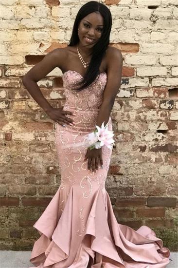 Pink Gorgeous Mermaid Strapless Ruffles Crystal Prom Dresses_1