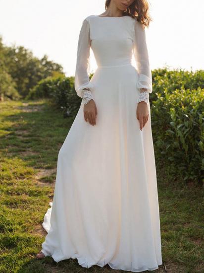 Chiffon White Long Sleeves Backless Lace A-Line Wedding Dresses_2