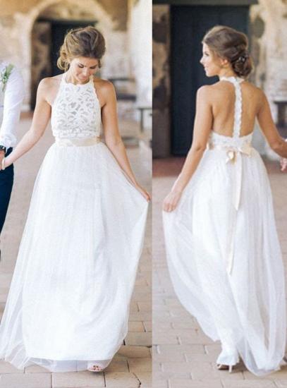 Halter A-line Lace Bride Dress Summer Appliques With Sash Tulle Prom Wedding Dresses 2022_6