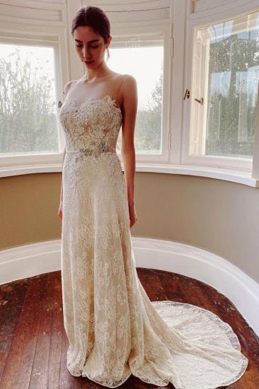 Affordable Sleeveless Wedding Dress Floral Lace A-line Bridal Dress_1