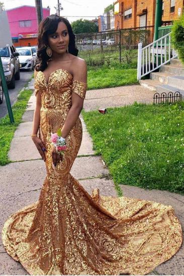 Off The Shoulder Mermaid Sweetheart Sleeveless Sequins Prom Dresses | Gold Floor Length Party Gowns