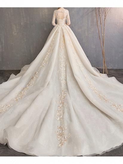 Glamorous A-Line Wedding Dress Jewel Lace 3/4 Length Sleeve Bridal Gowns Backless Court Train_3
