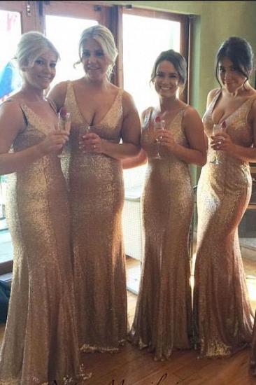 Stunnning V-Neck Sequins Gold Bridesmaid Dresses Plus Size Long Floor Length_3