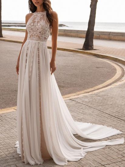Gorgeous Halter Chiffon Zipper A-Line Wedding Dresses With Lace Appliques