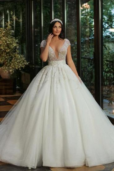 Chic Cap Sleeves Deep V-neck Beads Tulle Bridal Gown