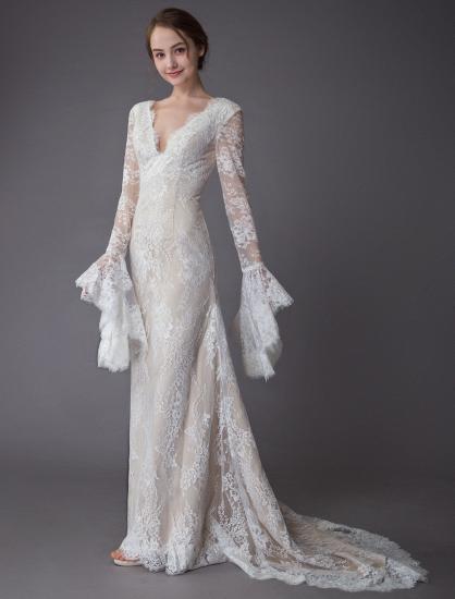 Vintage Deep V Neck Long Sleeves Lace A-Line Wedding Dresses_3