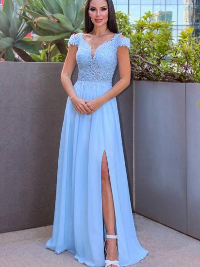 Cap sleeves sky blue high split prom dress with lace appliques_1