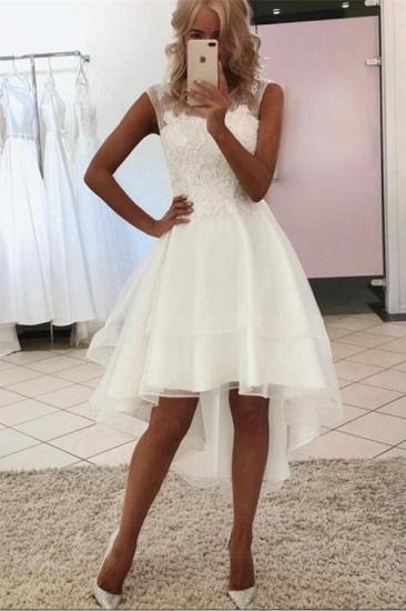 Modest White Sleeveless Lace Tulle High Low Wedding Dress