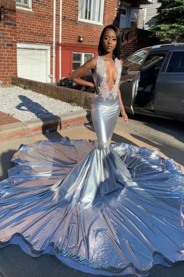 Ärmellose Appliques Court Train Mermaid Prom Kleider mit tiefem V-Ausschnitt