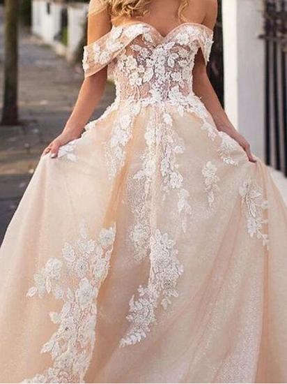 A-Line Wedding Dresses Jewel Lace Tulle Short Sleeve Bridal Gowns Bridal Gowns in Color Court Train_3
