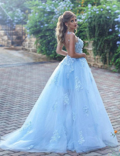 Elegant A-line Baby Blue Sheer Tulle Prom Dresses 2022 Appliques Sleeveless Evening Gowns_5