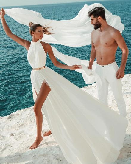 Halter White Chiffon Beach Wedding Dress Long Simple Bridal Dress with Split_5
