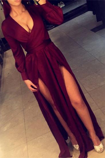 Deep V-neck Burgundy Evening Dresses 2022 Long Sleeve Sexy Prom Gowns with Splits