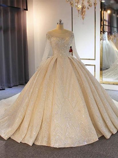 Wunderschöne glänzende Pailletten transparente Tüll Brautkleider | Perlen Langarm Bal Kleid Brautkleider Online