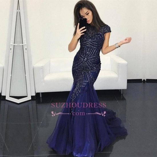 Sexy Mermaid Dark Navy Prom Dresses | Elegant Crystal Cap-Sleeves Evening Dresses_1