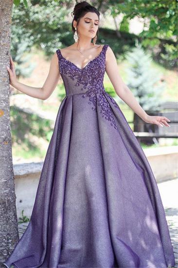 Glamouröse Lila Abendkleider mit V-Ausschnitt 2022 | Günstige Applikationen ärmellose Ballkleider mit Perlenstickerei