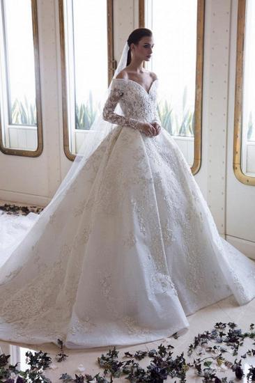 Luxury Off Shoulder Long Sleeves White Lace Ball  Gown with Cathedral Train_1