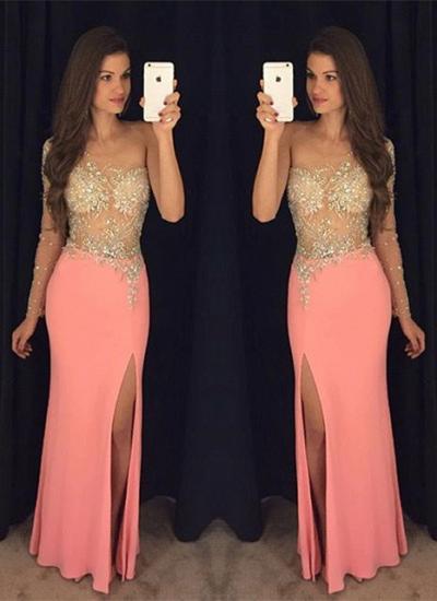 Sexy Sheath One Shoulder Crystal Prom Dresses 2022 Side Slit Evening Gowns_2