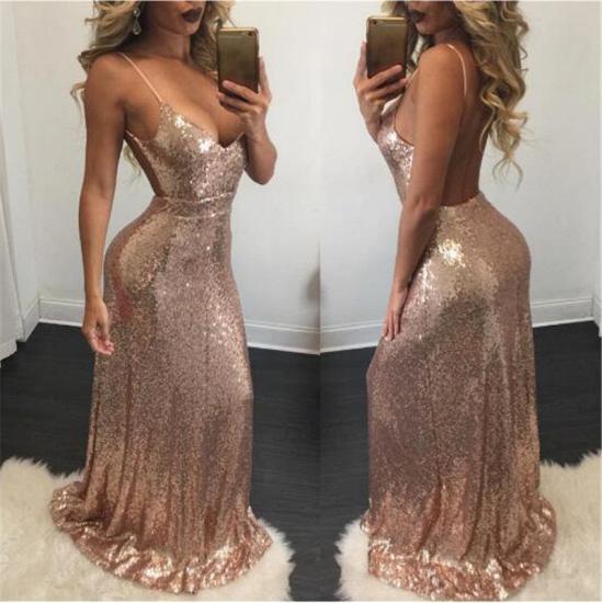 Champagne Sequins Backless Evening Gowns Sexy 2022 Straps Shiny Formal Dresses_3
