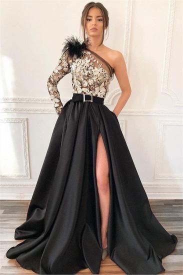 Sexy Blcak One-Shoulder Side-Slit Feather Applique Prom Dress