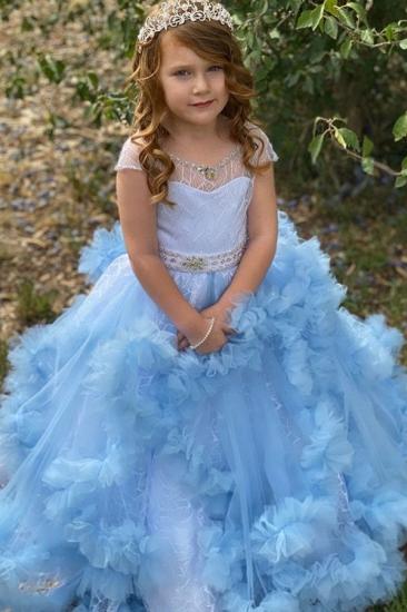 Cute Sky Blue Ruffle Cap sleeves Beaded Belt Flower Girl Dresses