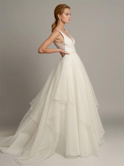 Elegant Sleeveless V Neck Satin Tulle Backless Wedding Dresses_2