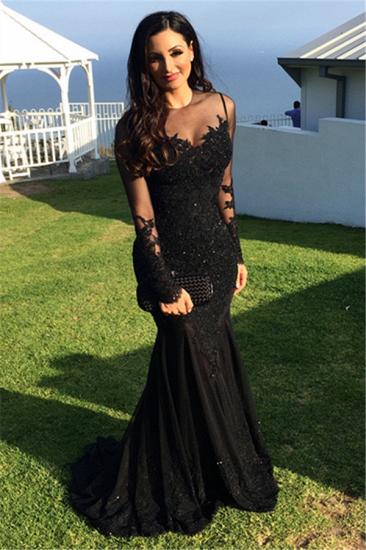 Long-Sleeve Black Prom Dresses | Sexy Mermaid Applique Tulle Formal Evening Dresses_1