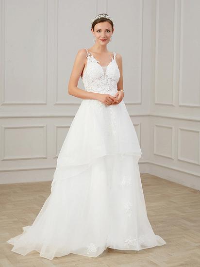 A-Line Wedding Dress V-neck Chiffon Lace Tulle Sleeveless Bridal Gowns Formal Plus Size with Sweep Train_5