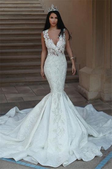 Elegante ärmellose Brautkleider mit V-Ausschnitt | Meerjungfrau-Spitze-Brautkleider mit Knöpfen