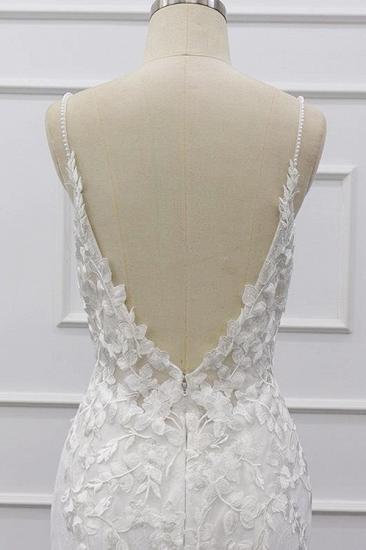 Schicke Spaghetti-Träger Ärmelloses Meerjungfrau-Hochzeitskleid | Brautkleider aus weißer Spitze mit Applikationen_9