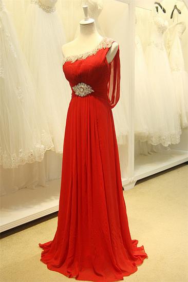 Red One Shoulder Crystal Chiffon Long Prom Dreses Sheer Back Cheap Grad Dresses