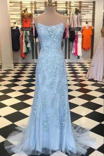 Elegant Sky Blue Spaghetti Strap Lace Applique Simple Long Prom Dress_2