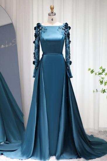 Wunderschönes, langärmliges Satin-Abendkleid im Meerjungfrau-Stil, 3D-Blumenperlen, langes Hochzeitskleid mit Schleppe_11