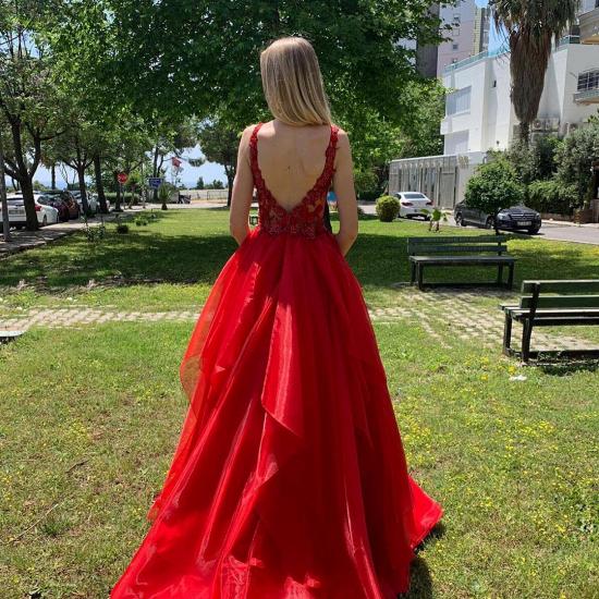 Sexy Dee V-Ausschnitt Red Organza Long Prom Dress | Günstige Schichten Lace Straps Abendkleid_2