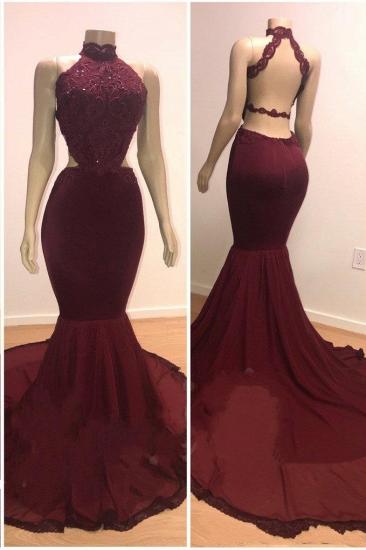 Lace Top High Neck Mermaid Long Burgundy Prom Dresses_1