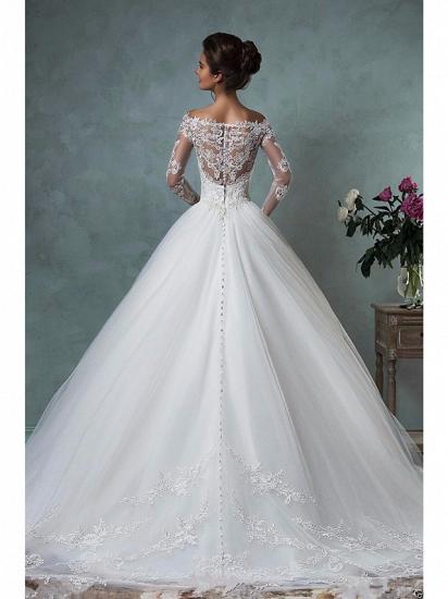 A-Line Wedding Dresses Off Shoulder Lace Tulle Long Sleeve Bridal Gowns Formal See-Through Court Train_2
