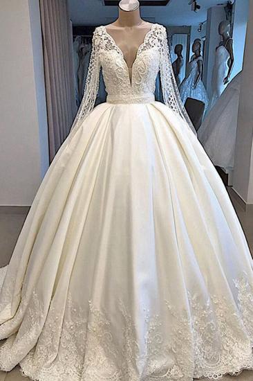 Long Sleeve Plunging V-neck Ball Gown Satin Wedding Dress with Pearl | Luxury Bridal Gowns for Sale